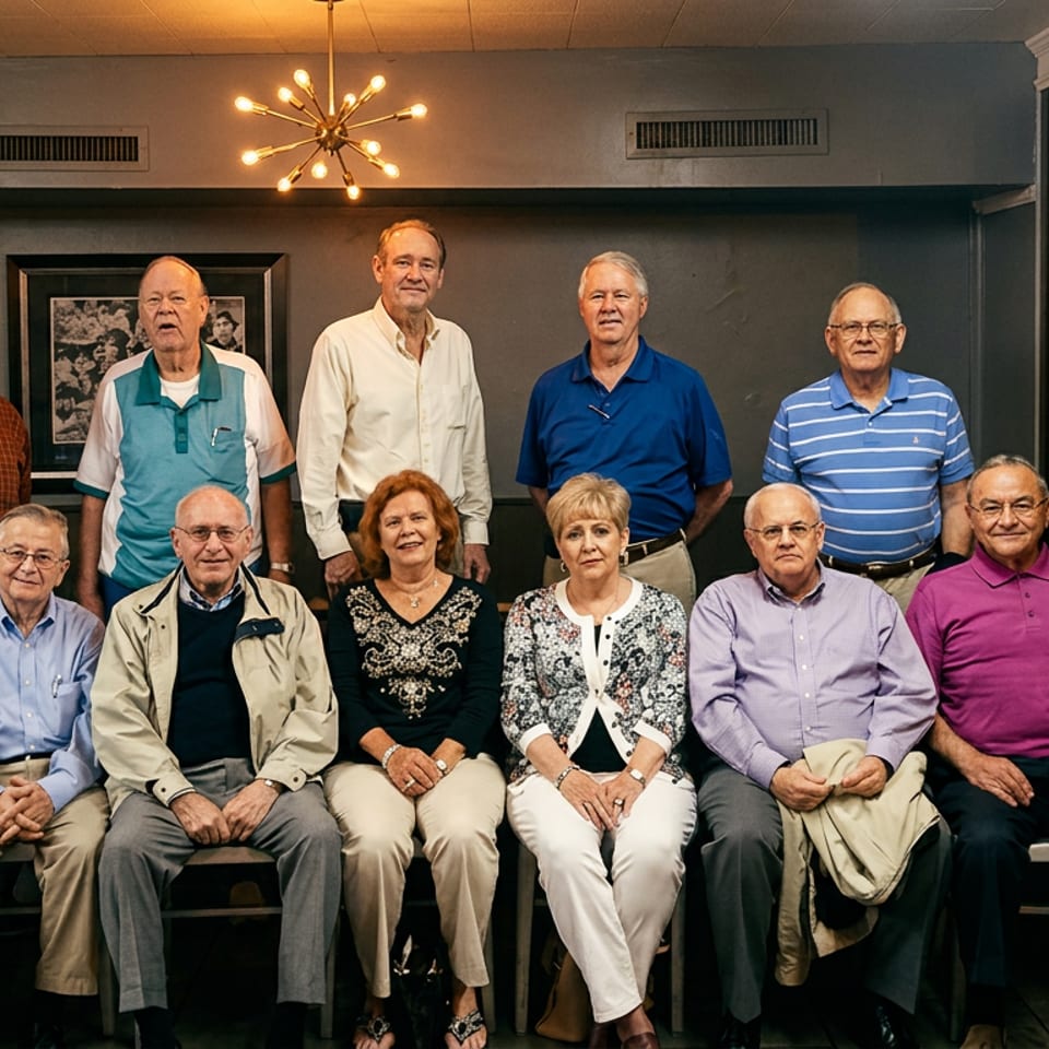 Twelve older adults, men and women, pose for a group photo in a restaurant.