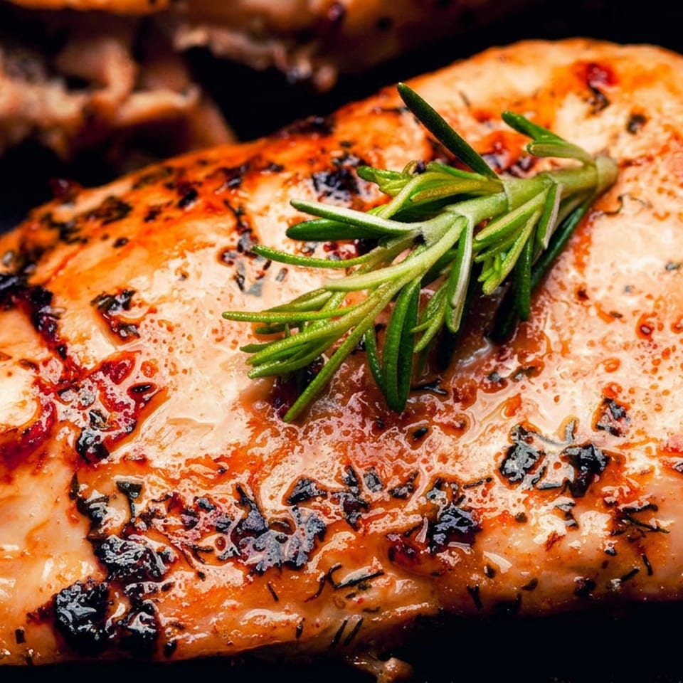 Juicy, golden-brown chicken breast seasoned with herbs and topped with a fresh rosemary sprig.