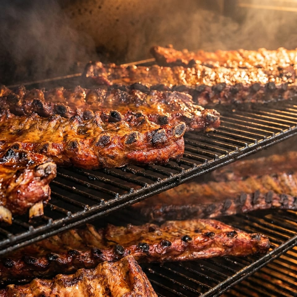 Rows of smoky, glazed BBQ ribs cooking on a multi-level grill.