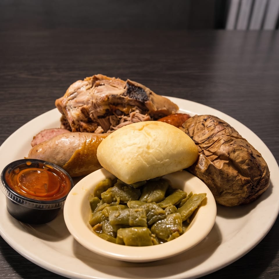 A plate of barbecue with pulled pork, sausage, baked potato, green beans, a roll, and sauce.