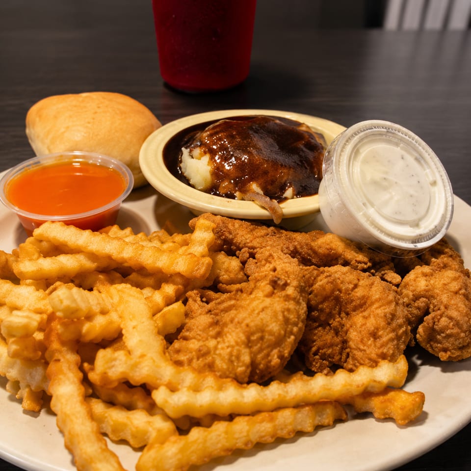 Fried chicken tenders, crinkle-cut fries, mashed potatoes with gravy, a roll, and dipping sauces.